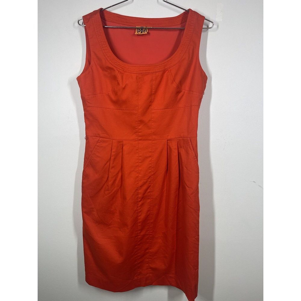 Tory Burch Leena Sleeveless Orange Lined Sheath Dress Side Zip Pockets Size 4‎